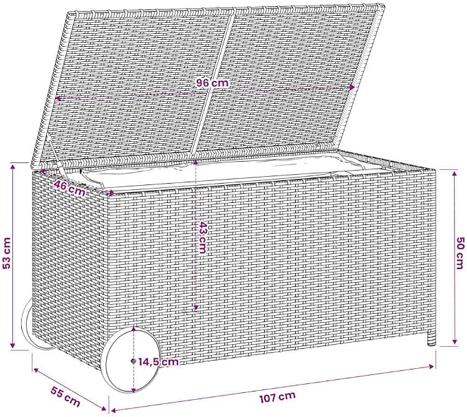 Garden Storage Box with Wheels Black 50.2 Gal Poly Rattan Resin Wicker Chest Outdoor Patio Deck Cushion Container with Lid for Backyard Furniture and Pool Toy Organizer
