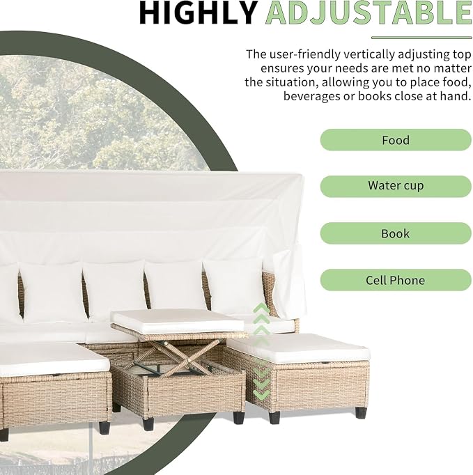 4 Piece Outdoor Patio Furniture Set Featuring Retractable Canopy Daybed, Adjustable Backrest Sectional Sofa and Chaise Chair Sunbed for Garden Poolside Backyard Lounge Area