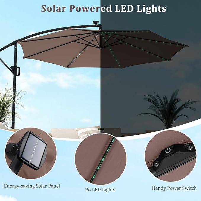 HAPPYGRILL 10 FT Offset Hanging Umbrella with Multi-Colored Flowing LED Lights, 9 Light Modes, Outdoor Patio Cantilever Umbrella with Base, Easy Tilt, 360° Rotation, Crank