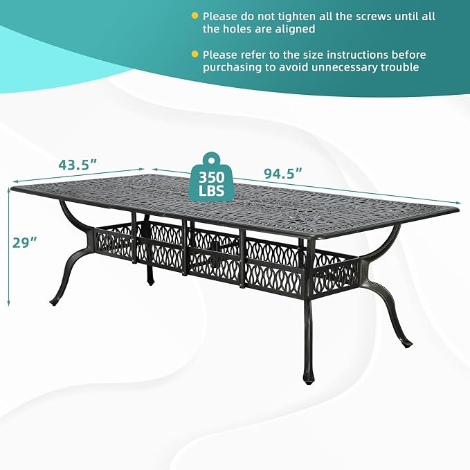 MEETWARM Outdoor 94.5" Rectangle Patio Dining Table, All Weather Cast Aluminum Large Patio Furniture Table Fits for 8-10 Person with 2" Umbrella Hole for Garden Backyard Lawn, Dark Bronze