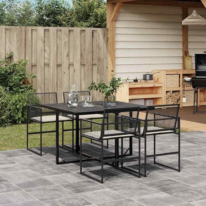 vidaXL 5 Piece Garden Furniture Set with Cushions Black Synthetic Rattan Outdoor Dining Set Garden Dining Furniture Garden Table and Chairs