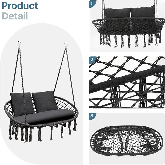 Double Hammock Chair for Indoor & Outdoor Use, Durable Woven Cotton Ropes & Iron Frame, Comfortable Seating for Patio Garden and Porch, 700 lbs Capacity, Black