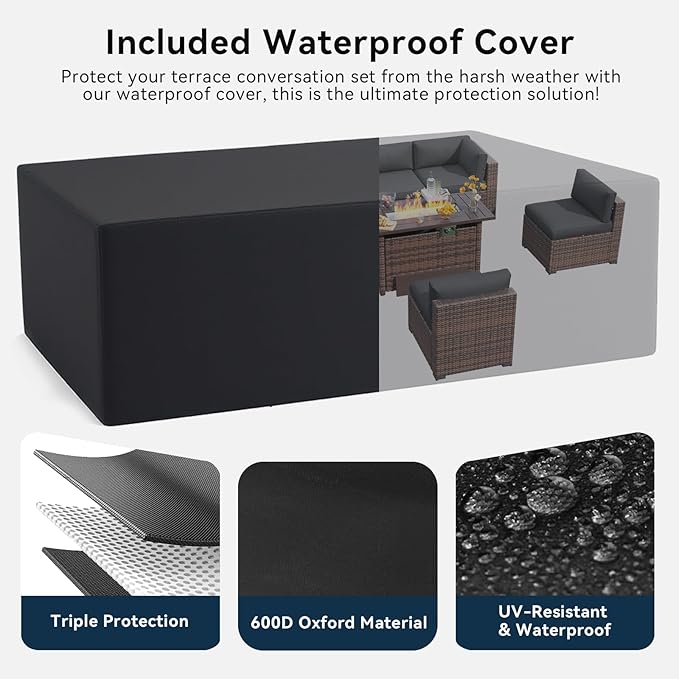 LazySunsets 8 Piece Outdoor Patio Furniture Set with 44'' Fire Pit Table, Outdoor Patio Furniture Set with Waterproof Cover, Wicker Rattan Outdoor Conversation Set for Backyard & Garden, Grey