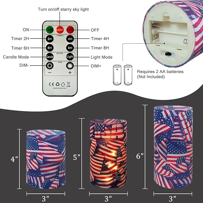 NJAO HOO Patriotic American Flag Flameless LED Battery Operated Pillar Candles with Remote Control and Timer, 4th of July Candles for Home Decor Set of 3