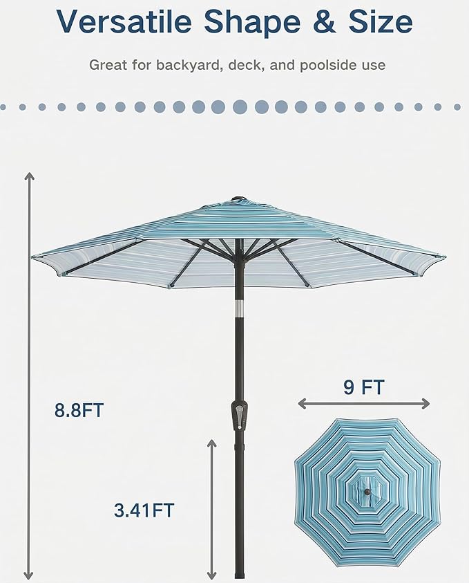 PatioKingdom Auto-Tilt 9FT Patio Umbrella Outdoor with 8 Sturdy Fiberglass Ribs,Market Table Umbrella for Pool,Backyard,Deck and Garden