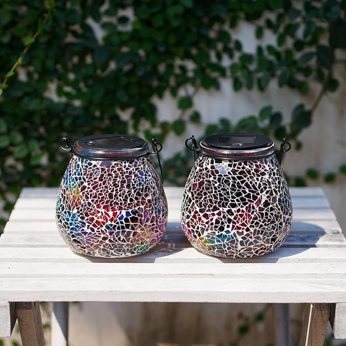 Stargarden 2 Pack Mosaic Solar Lantern ,Outdoor Hanging Waterproof Mosaic Light Solar Table Lamp for Garden ,Patio,Yard Decor (Red)
