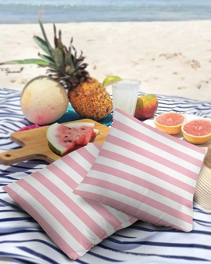 ALAGEO Outdoor Waterproof Pillow Covers for Patio Furniture Pink and White Stripes Decorative Throw Pillow Cover Solid Striped Pillowcases Set of 2 Cushion Case for Sofa Couch Chair 18 x 18 in