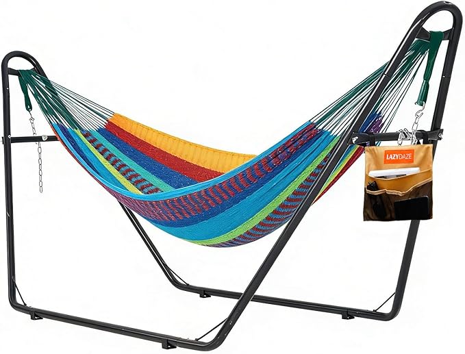 Lazy Daze Hammocks Handwoven Mayan Hammock with Heavy Duty Steel Stand, 10.5 FT Soft Rope Double Hammock for Patio Outside, 550 lbs Weight Capacity, Multi Color
