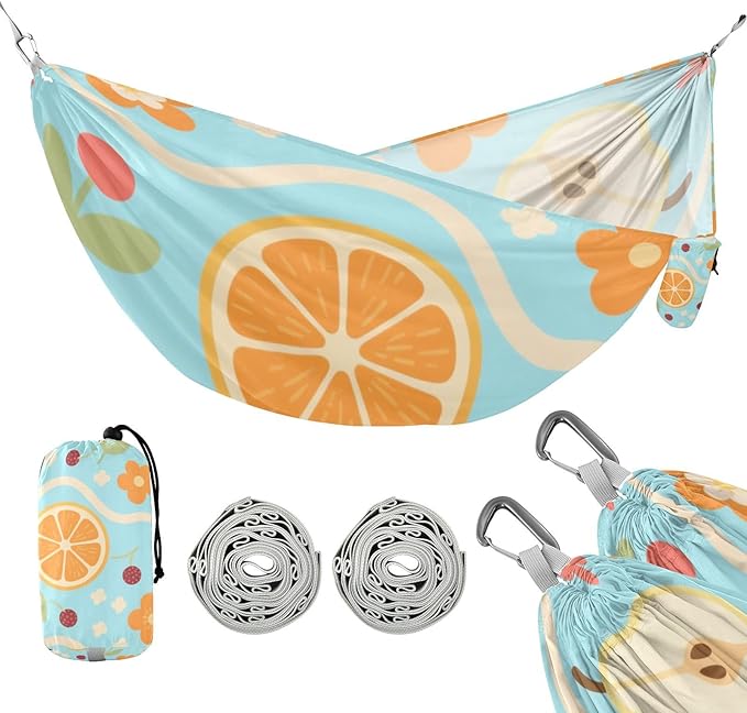 Blue Berry Orange Pear Floral Texture 330lb Capacity Camping Hammocks with Portabl Carry Bag Rope Hammock for Patio Backyard Lounge Base Base para hamacas para adultos