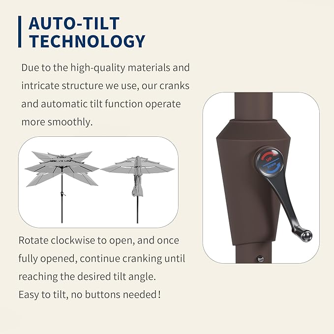 9FT 3 Tiers Patio Umbrella With Auto Tilt And Crank, Outdoor Table Market Umbrella with 8 Sturdy Ribs for Garden, Lawn, Deck, Backyard and Pool