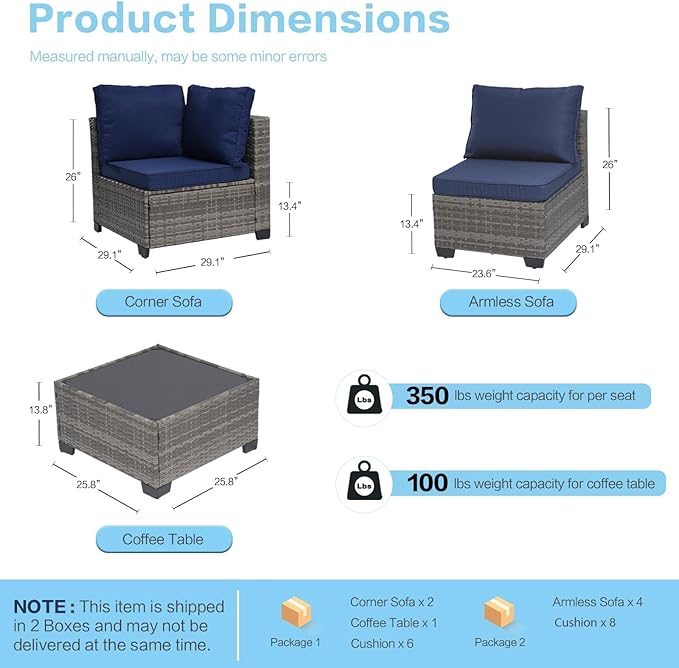 7-Piece Modular Outdoor Sectional Wicker Patio Conversation Set with Glass-Top Coffee Table, All-Weather Rattan and Cushion Fabric – Gray/Navy