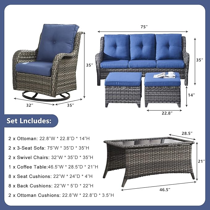 Rilyson Wicker Patio Furniture Set - 7 Piece Rattan Outdoor Sectional Conversation Sets with 2 Rocking Swivel Chairs,2 Ottomans,2 Sofa and 1 Coffee Table for Porch Deck Garden(Mixed Grey/Blue)