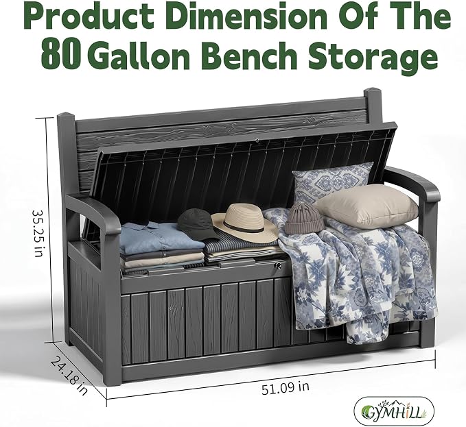 80 Gallon Outdoor Storage Bench Spacious Storage Box Waterproof Resin Deck Box Lockable for Patio, Garden, Living Room & Outdoor Spaces（Black）