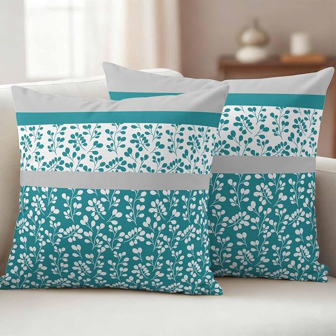 Teal Floral Outdoor Pillow Covers 24x24 Inch Throw Pillow Covers Set of 2 Waterproof Decorative Pillow Cases Botanical Blossom Motif Boho Grey Stripes Cushion Covers for Patio Furniture Garden Couch