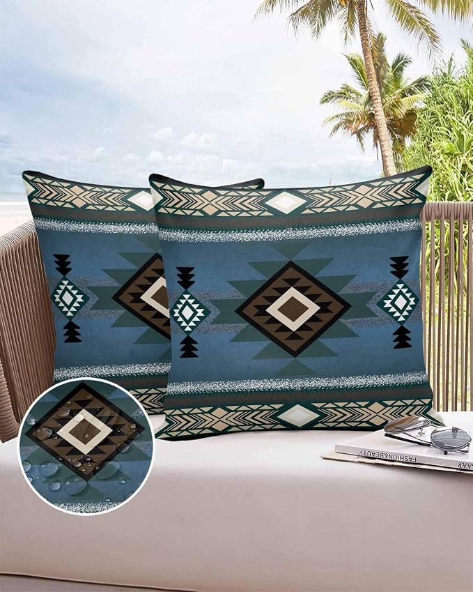 Vandarllin Outdoor Throw Pillows Covers 26x26 inch Set of 2 Waterproof Blue Tribal Style Decorative Zippered Cushion Covers for Patio Furniture, Southwest Native American Lumbar Pillowcases