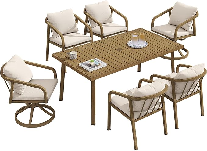7 Pieces Outdoor Dining Set, Never-Rust Aluminum Patio Dining Set for 6, Patio Dining Table Set with 2 Swivel Chairs, 4 Dining Chairs, Outdoor Furniture Set for Commercial, Deck, Garden, Teak