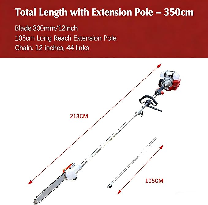 Pole Saw 16-FT Height Reachable Powerful Gas Pole Chainsaw 42.7CC 2-Cycle Cordless Extension Pole Saw with 11 inch Cutting Bar Tree Trimmer Long Reach Saw