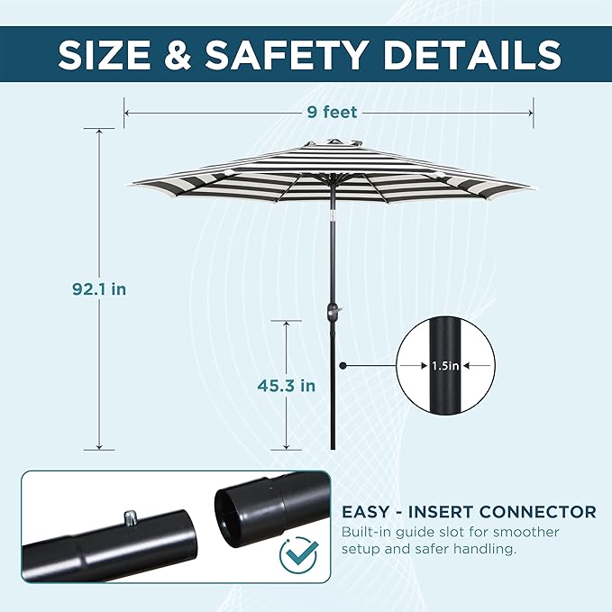 9FT Outdoor Patio Umbrella with Push Button Tilt and Crank, Market Umbrella, 8 Heavy-Duty Ribs, Outdoor Table Umbrella for Garden, Deck, Poolside & Backyard