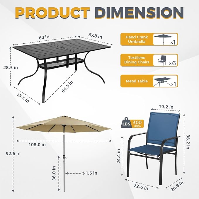 Incbruce 8 Pieces Patio Dining Set with Brown Umbrella, Outdoor Dining Set of 6 Textilene Chairs and Rectangle Table with Umbrella Hole for Backyard, Garden, and Poolside (Blue)