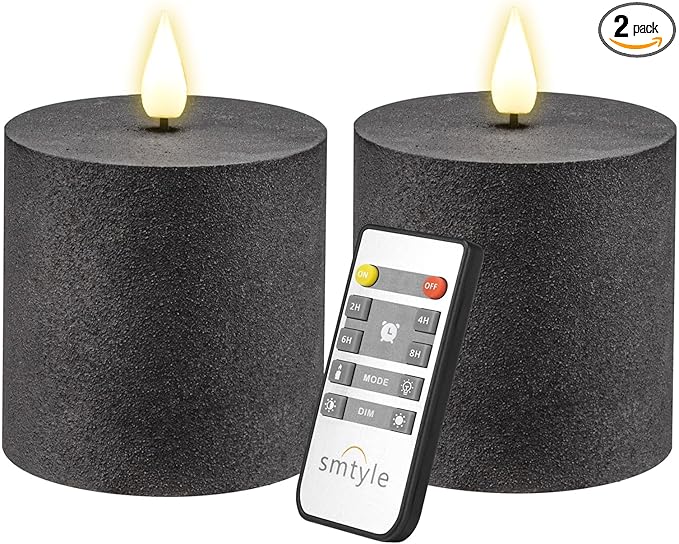 smtyle 3"x3" Black Flameless Flickering Candles with Remote Timer - Battery Operated Plastic Texture Pillar LED Candles Set of 2 for Gothic Home Decorations