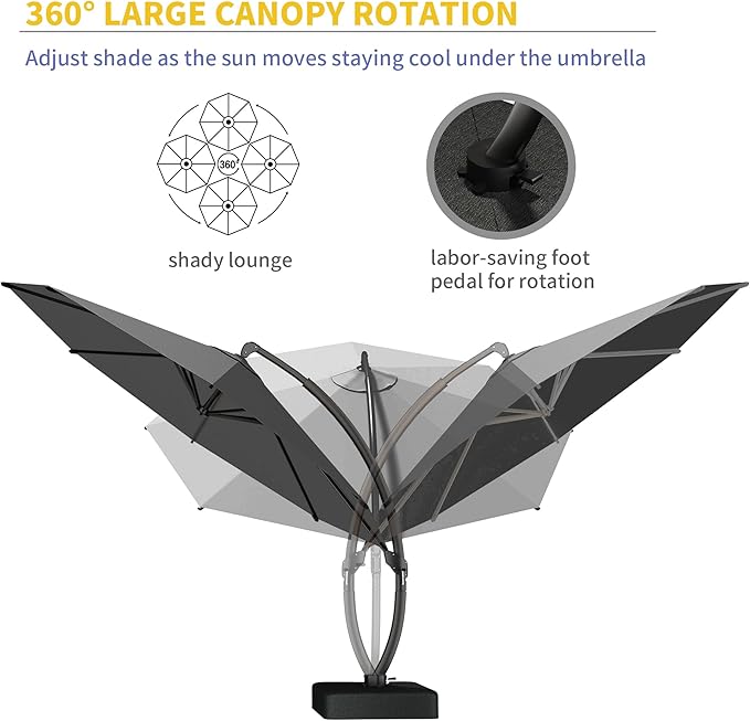 Kingdura 12ft Offset Cantilever Patio Umbrella with Base Included, Large Round Aluminum Outdoor Umbrella, 360° Rotation & Infinite Tilt, Heavy Duty Frame for Deck Pool Backyard, Grey