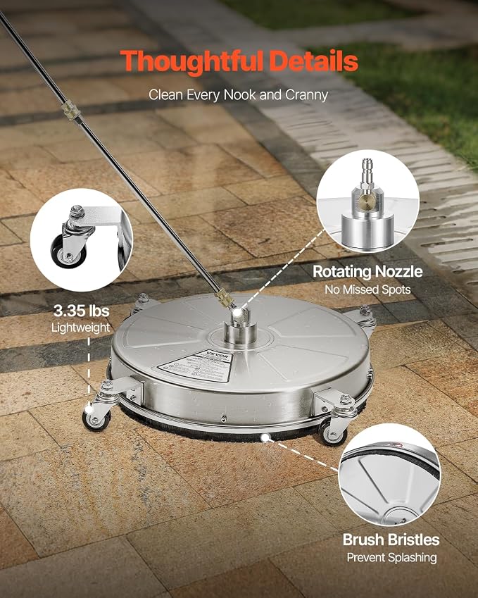 VEVOR 18 Inch Pressure Washer Surface Cleaner, 4000 PSI Stainless Steel Attachment with 4 Wheels, 2 Nozzles, 1/4 Inch Quick Connect and 2 Wands for Concrete, Patio, Deck
