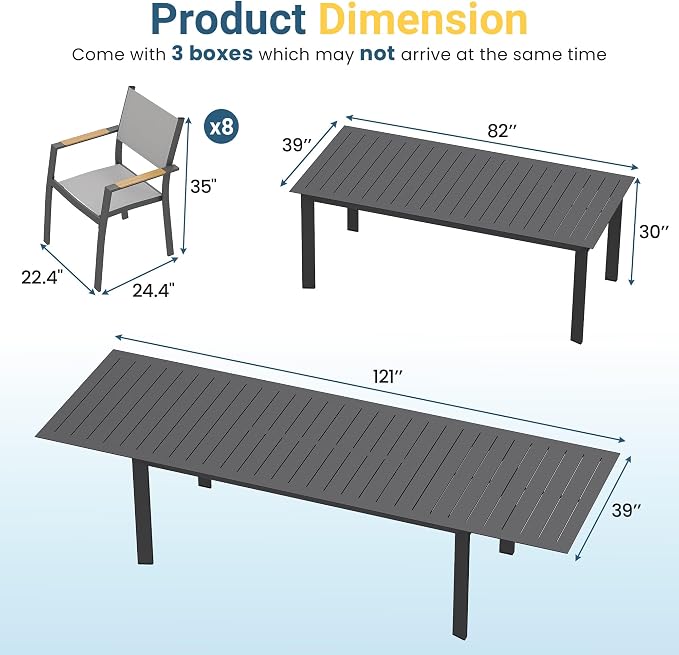 RoyalCraft Aluminum Outdoor Patio Table and Chairs Set with 121" L -81" L Expandable Dining Table, 9-Pieces Patio Furniture Set for 8, Outdoor Dining Set with Stackable Quick Drying Chairs, Grey