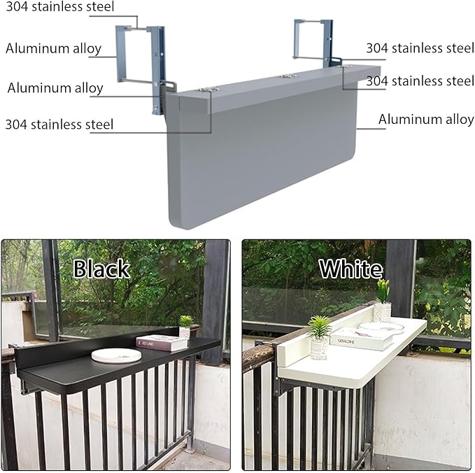 Outdoor Side Tables Rail Hanging Outdoor Folding Balcony Shelf 32 40in Folding Deck Table 5 Height Adjustable Space Saving Floating Better Bench for Patio Indoor Garden(Black,31.5x15.7in)