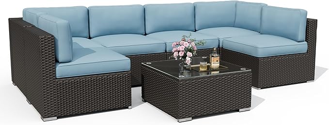 7 Pieces Outdoor Patio Furniture Set, Black Brown Wicker Patio Sectional Sofa Set, Outdoor Couch with Cushion and Tempered Glass Table, Sky Blue