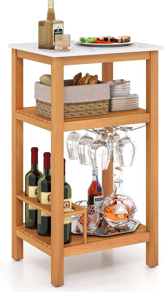 Goplus Outdoor Side Table, 3-Tier Acacia Wood Bar Table w/Marble-Like Countertop, 2 Slatted Shelves, Glass & Wine Holders, Small Buffet Sideboard & Corner End Table for Patio, Deck or Indoor
