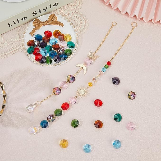 1 Box 120Pcs 10 Colors 14mm Crystal Glass Octagon Beads Colorful Suncatcher Beads Bulk 2 Hole Prism Chandelier Replacement Connector Faceted Spacers for DIY Lamp Hanging Pendant Jewelry Craft
