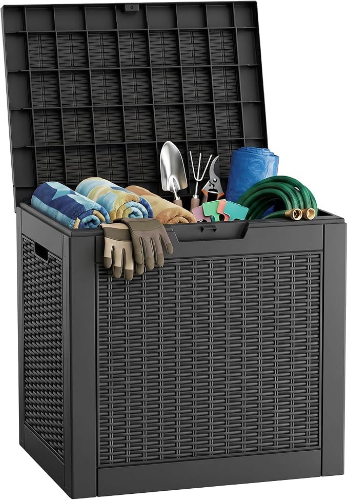 PatioZen 37 Gallon Deck Box,Waterproof Resin Outdoor Storage Boxes, Outside Storage Lockable Container for Garden Tools,Indooor Cushions,Accessories (Black)
