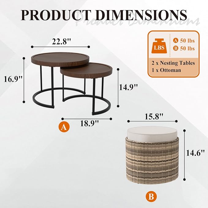 Cabana Chic Nesting Tables with Ottomans, Outdoor Round Side Table, Nesting Coffee Table Set, 2 Tables 1 Ottoman, Brown/Beige