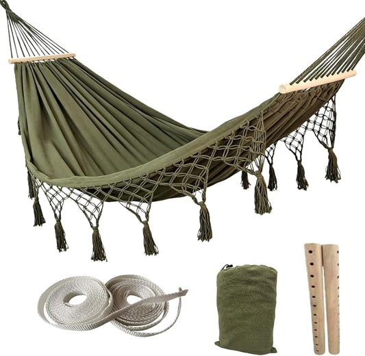 Boho Fringe Hammock with Carry Bag and 2 Tree Straps, 2 Person Fabric Hammock, 500 lb Capacity for Backyard, Porch, Patio, Camping, Indoor Outdoor Use