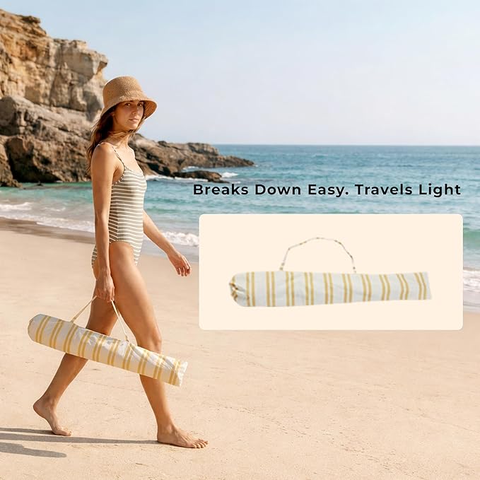 6FT Stripe Fringe Beach Umbrella for Sand with Sand Anchor, UPF 50+ Sun Shade with Tassels, Adjustable Tilt Pole, Portable Coastal Umbrella for Beach & Pool, Heritage Mimosa Stripe