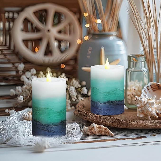 Baquler 3 Pcs Blue Teal Coastal Beach Pillar Candles Flameless LED Ocean Gradient Candles Battery Operated Decorative Flickering Candlestick for Wedding Home Seaside Nautical Party Decor