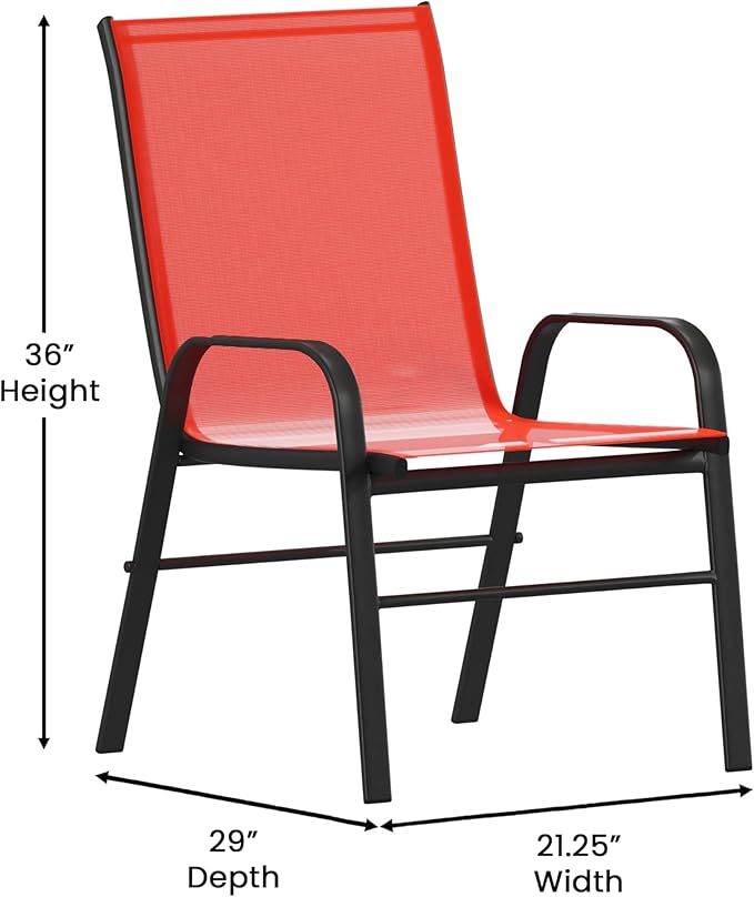 Flash Furniture Brazos Commercial Outdoor Dining Set, 60" Tempered Glass Patio Table with Umbrella Hole, 6 Stack Chairs with Flex Comfort Seats and Backs, Red/Black