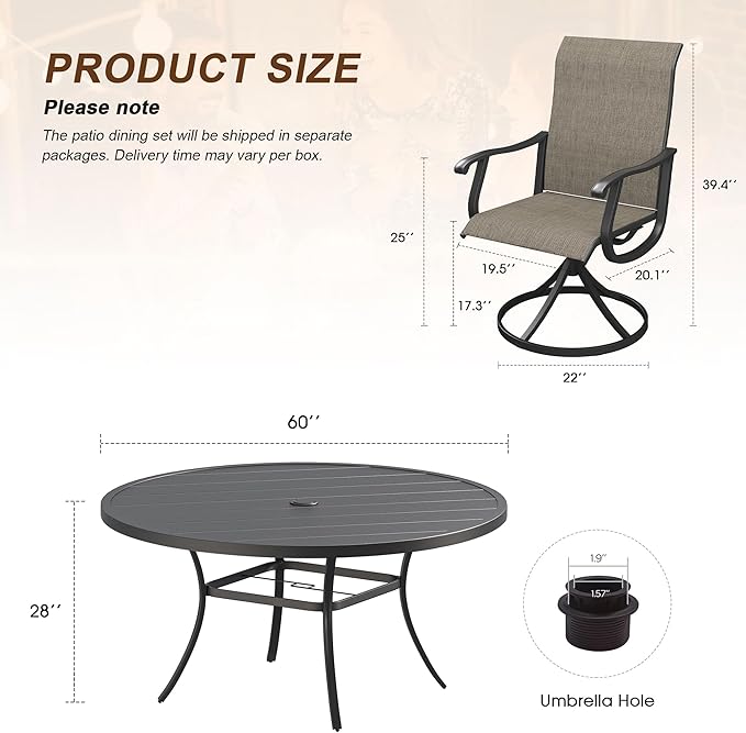 VICLLAX 9 Pieces Outdoor Patio Dining Set, 60" Round Wrought Iron Metal Outdoor Table with Umbrella Hole and 8 Swivel Textilene Chairs for Lawn,Garden,Porch,Black/Brown