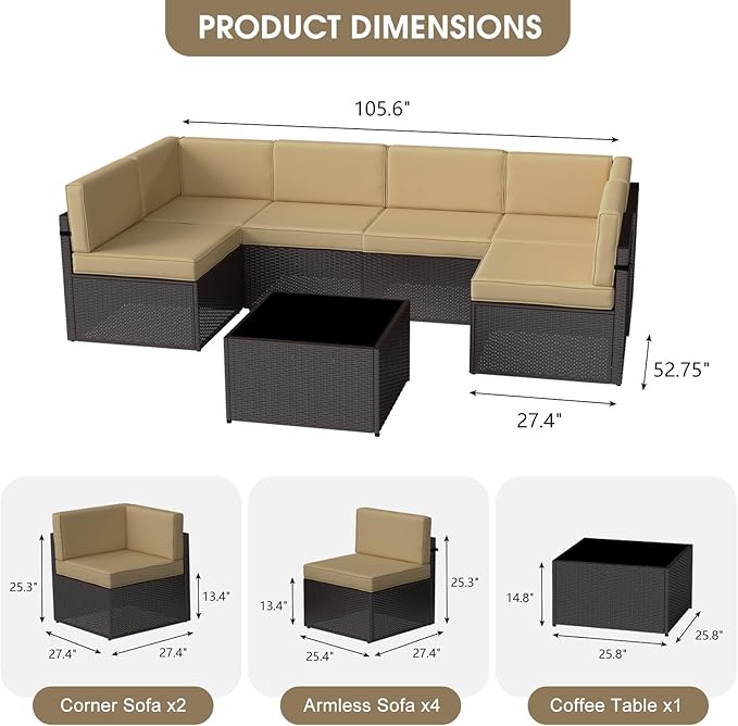 kinbor 7 Piece Outdoor Furniture Set - Waterproof Brown PE Wicker Patio Sofa with Cushions for Backyard, Poolside & Porch, Khaki