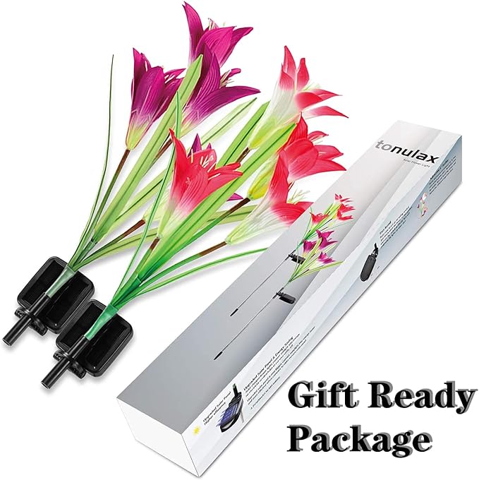TONULAX Solar Lights Outdoor - Upgradedr Garden Light, Multi-Color Changing Lily Solar Flower Lights for Patio,Yard Decoration, Bigger Flower and Wider Panel (4 Pack,Red, 2 Purple, White)