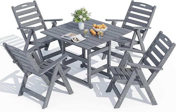 5-Piece Outdoor Dining Set, No-Assembly Foldable Chairs, All-Weather HDPE Outdoor Table and Chairs with Elegant Armrest, Patio Furniture Sets with Umbrella Hole for Patio, Gray
