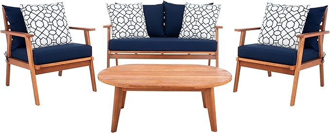 SAFAVIEH Outdoor Collection Deacon Natural Acacia Wood/Navy Cushion 4-Piece Conversation Patio Set with Accent Pillows