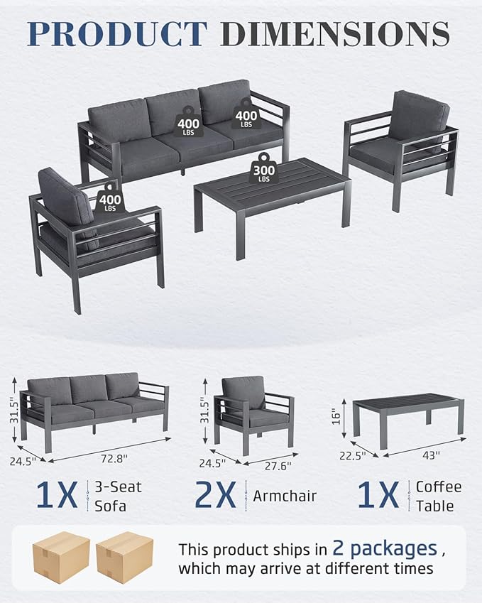 AECOJOY Aluminum Patio Furniture Set, 5 Seats Modern Outdoor Furniture with Coffee Table, 4 Pieces Metal Conversation Sectional Sofa, Dark Gray