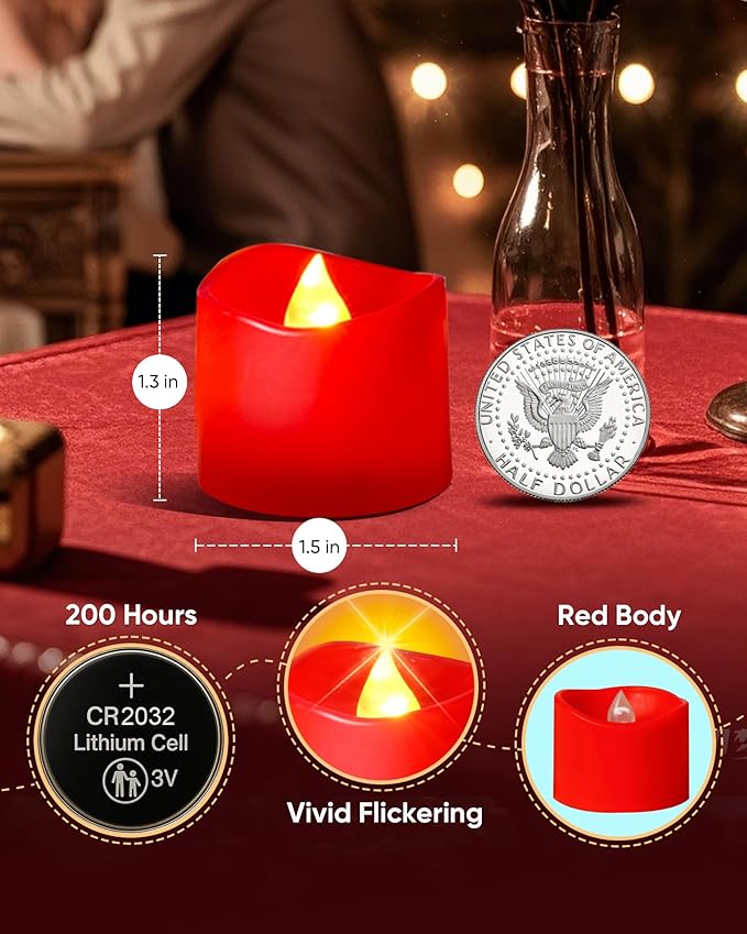 Raycare 24 Pack Red Battery Operated Tea Lights, 200+Hour Electric Flickering Flameless Candles, Realistic Votive LED Tea Lights for Wedding Party Table Halloween Christmas Decorations
