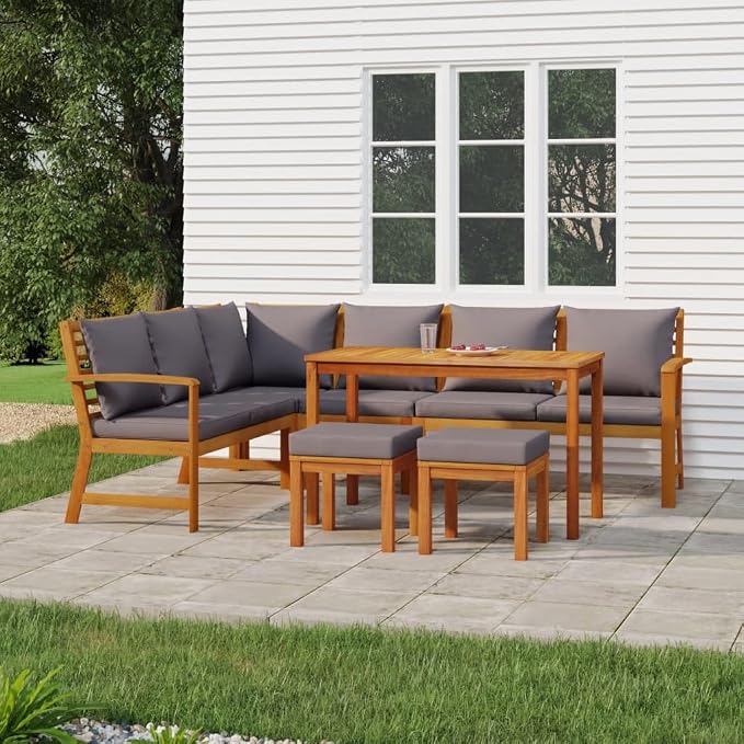 7 Piece Patio Dining Set with Cushions, Solid Acacia Wood Outdoor Garden Furniture with Thick Padded Seats, Rustic Brown Terrace Sofa and Table Set