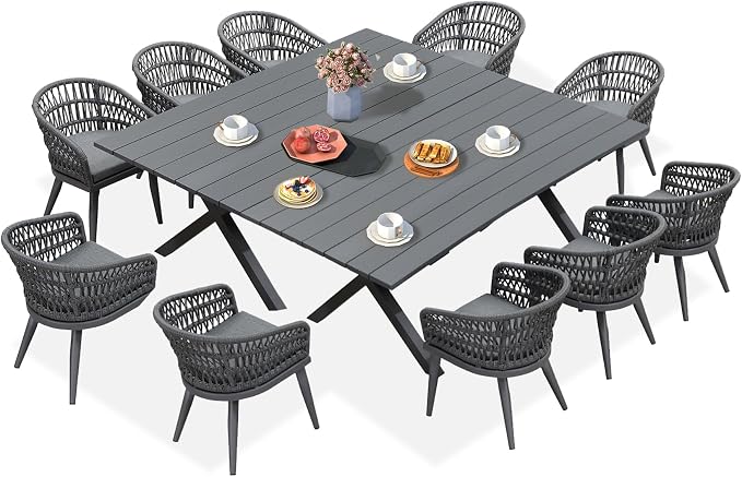 PURPLE LEAF 12 Pieces Outdoor Dining Set All-Weather PE Rattan Outdoor Patio Furniture Set with All Aluminum Frame Rectangular Table and Chairs Set for Lawn Garden Backyard Deck, Grey