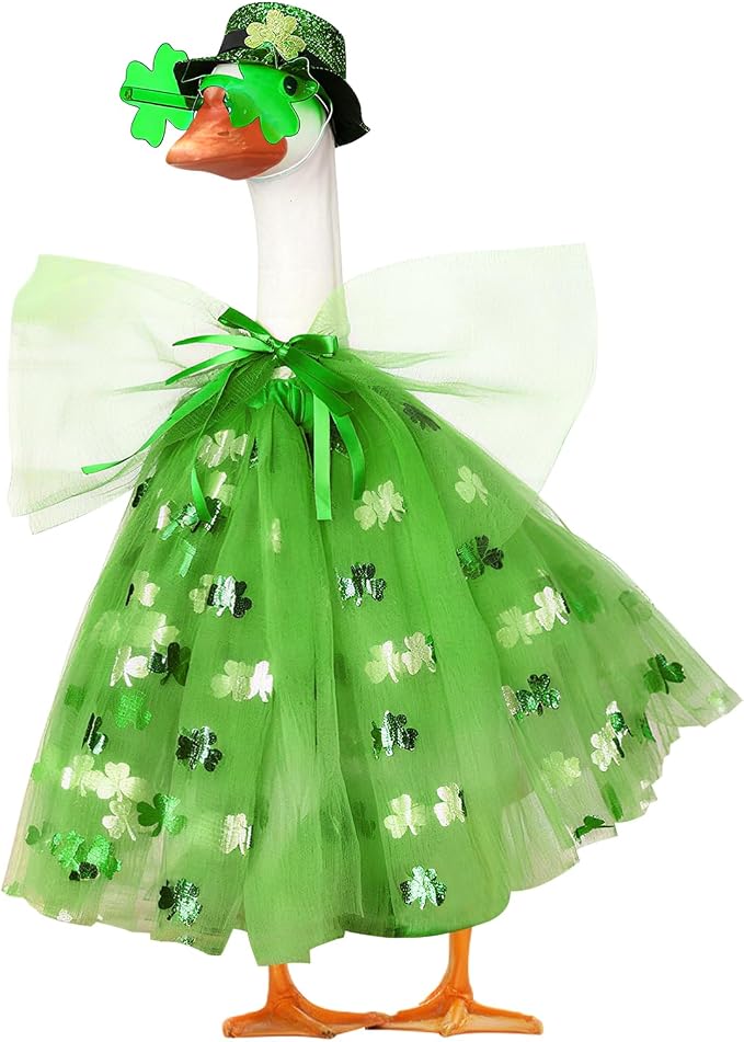 Soulchen 1 Set St. Patrick's Day Clover Porch Goose Outfits 23 Inch Cement Goose Clothes Geese Glasses and Hat Outfit Costume Set for Irish St. Patrick's Holiday Outdoor Garden Yard Decor