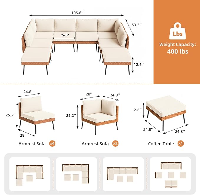 Aoxun 8-Piece Patio Furniture Set, Wicker Outdoor Furniture with Water Resistant Thick Cushions, Patio Conversation Set Outdoor Sectional Sofa with Coffee Table for Backyard Poolside, Beige