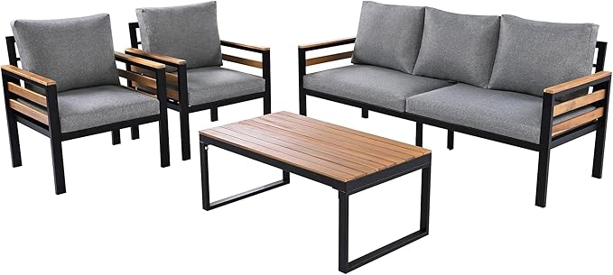 4-Piece Outdoor Patio Furniture Sectional Sofa Set with Acacia Wood Armrests, All-Weather Conversation Set with Removable Cushion and Solid Wood Coffee Table for Garden Backyard (Grey-TH)
