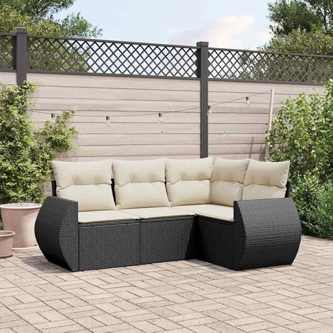 Owox 4-Piece Modular Rattan Garden Sofa Set, Black/Cream/White, 24.4"x28"x27.2", Hidden Storage, Balcony/Porch/Deck